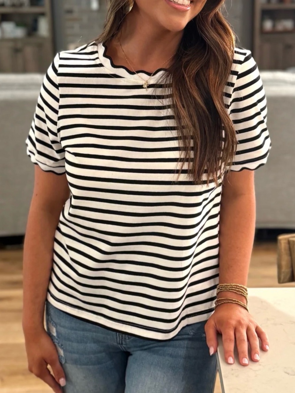Bhome Striped Black & White Scallop-Edge Tee